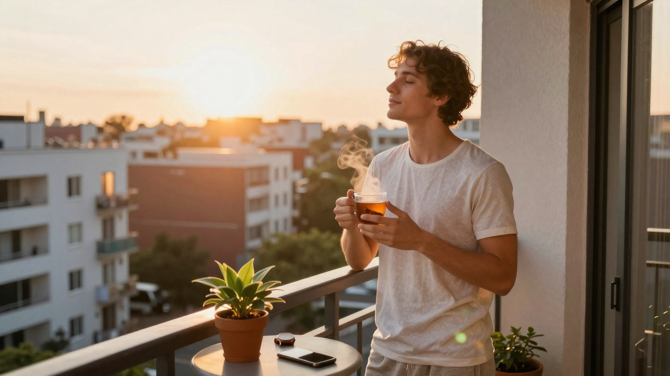 Young man enjoying a hot drink on a balcony at sunset with city buildings in the background.