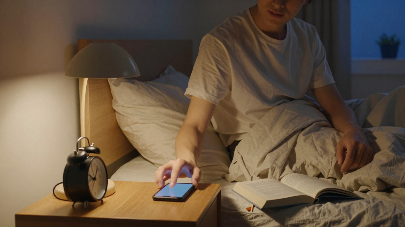 Person in bed reaching for a smartphone on a bedside table with a book and alarm clock nearby at night.