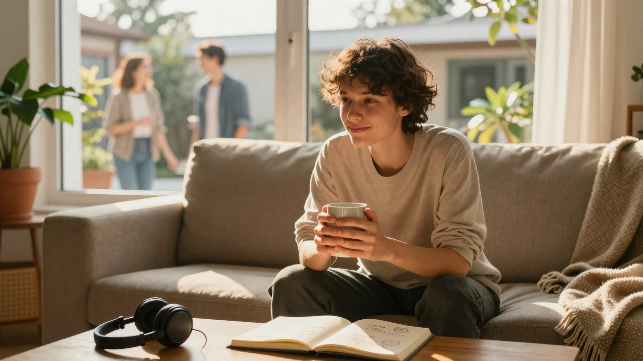 Young person with curly hair holding a mug, sitting on a sofa with an open notebook and headphones on the table.