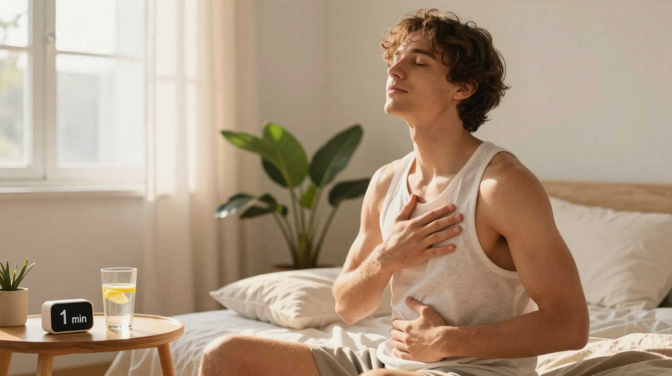 Young man practising deep breathing exercises on bed in a sunlit bedroom with timer set to 1 minute.