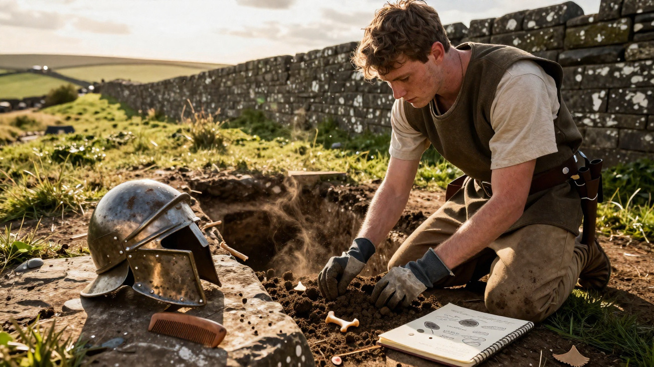 Archaeologist excavating a bone near a Roman helmet and comb beside an ancient stone wall in a grassy field.