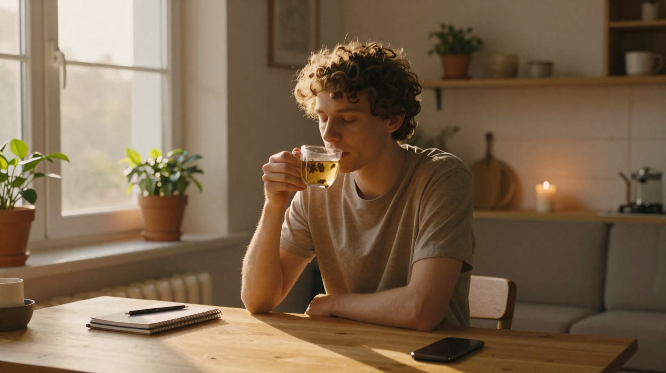 Young man with curly hair drinking tea at wooden table in softly lit kitchen with plants and candle