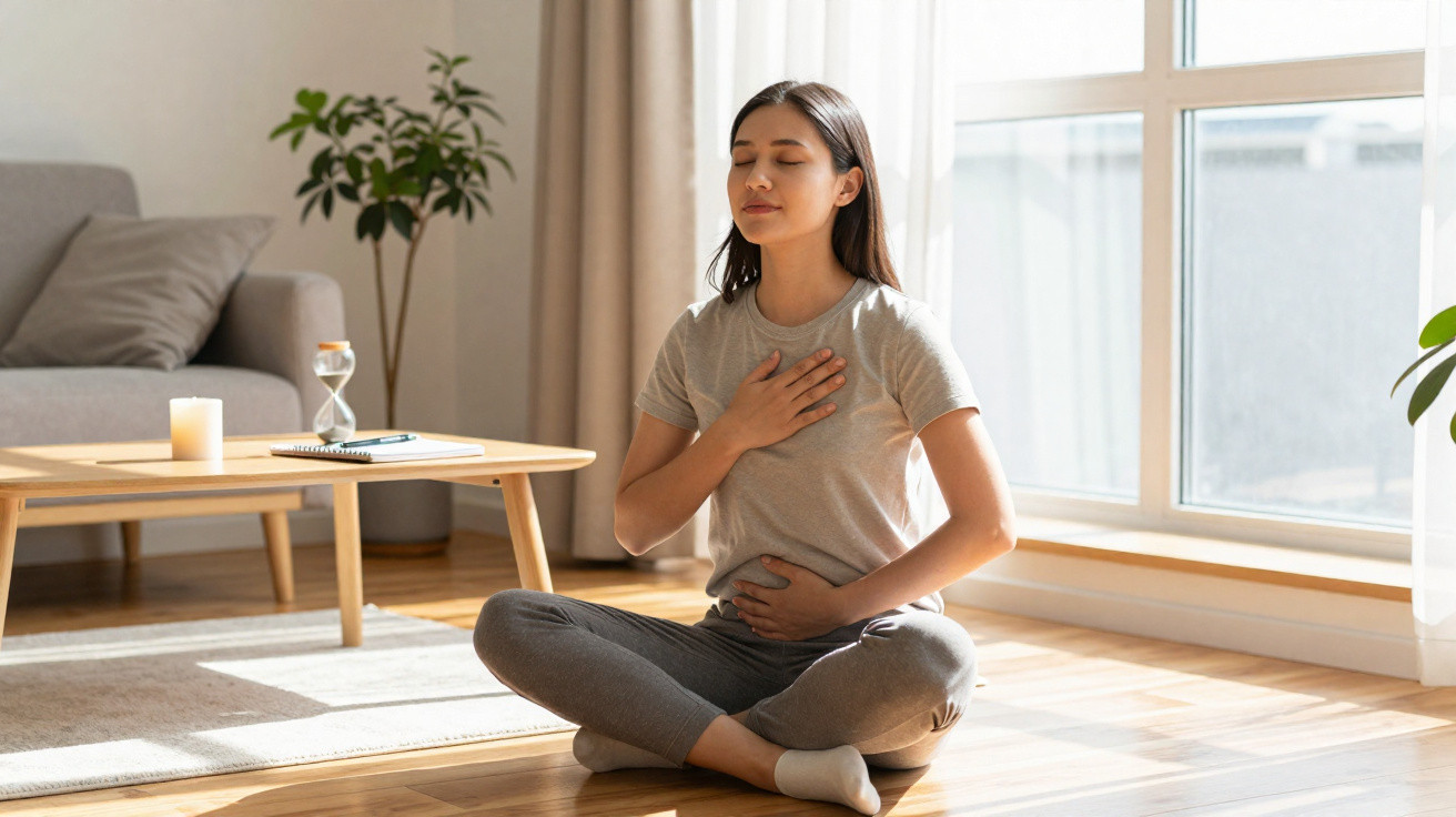 Woman practising mindful breathing meditation sitting cross-legged on wooden floor in bright living room
