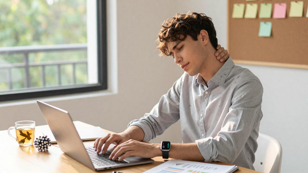 Young man working on laptop rubbing neck, seated at desk with papers and tea by window.