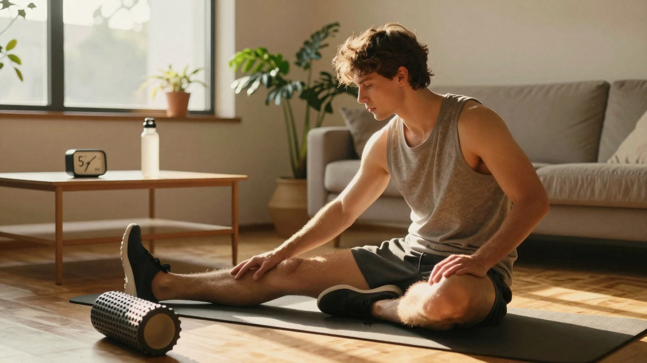 Young man stretching leg on yoga mat with foam roller in sunlit living room.