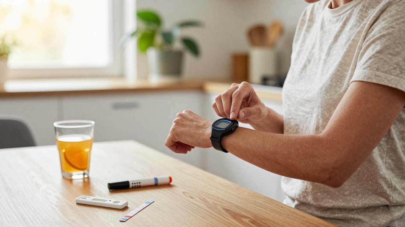 Person checking smartwatch at a table with a glucose meter, test strip, and a glass of orange juice in a kitchen.