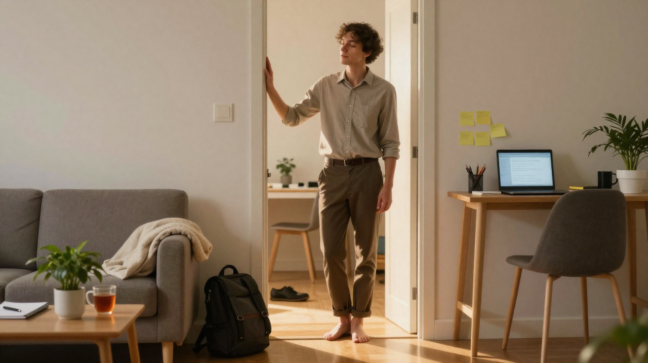 Young man standing barefoot in doorway of a bright, modern living room and home office space.