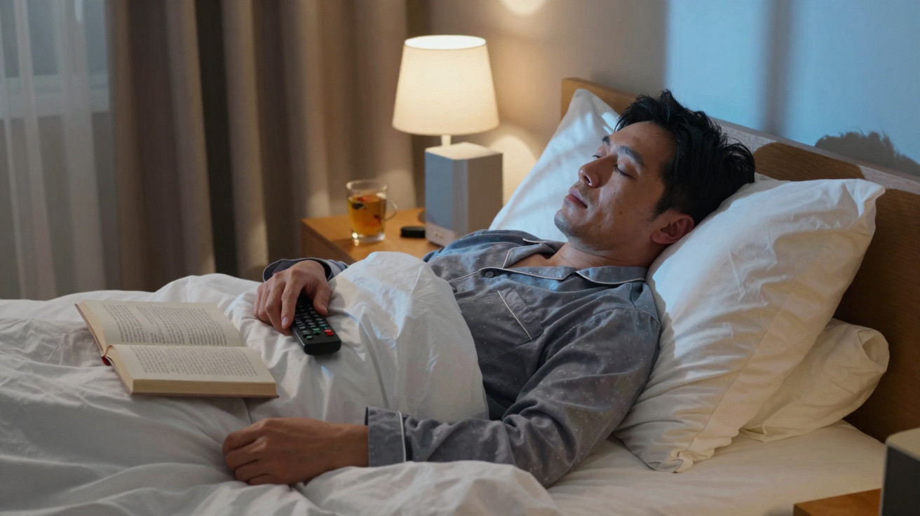 Man in grey pajamas sleeping in bed with book and TV remote in hand, bedside lamp on and glass of tea nearby.