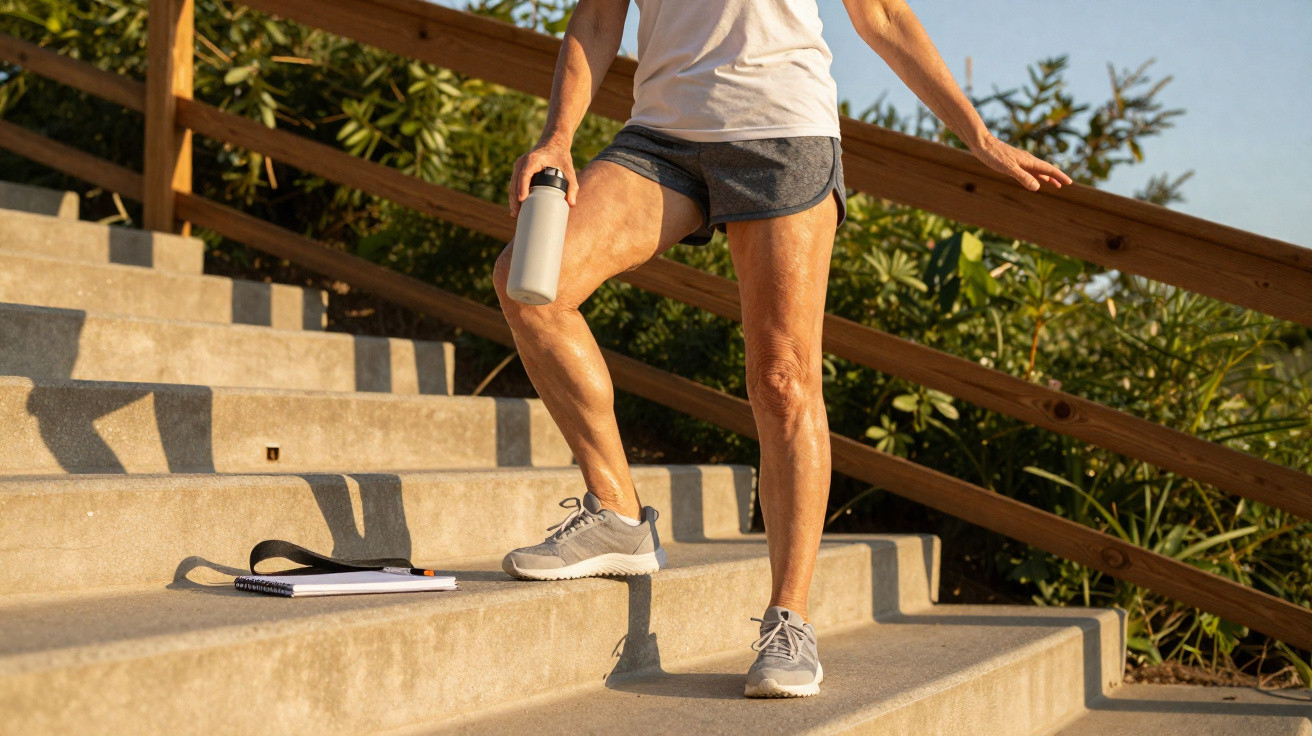 Person in sportswear holding a water bottle, standing on outdoor stairs with a notebook beside them.