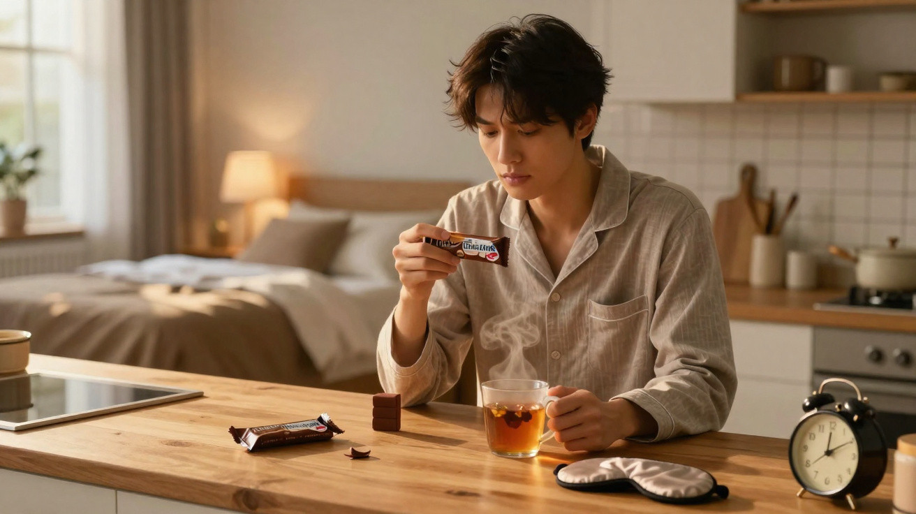 Young man in pyjamas unpacking chocolate bar with steaming tea cup in a cozy kitchen and bedroom setting.