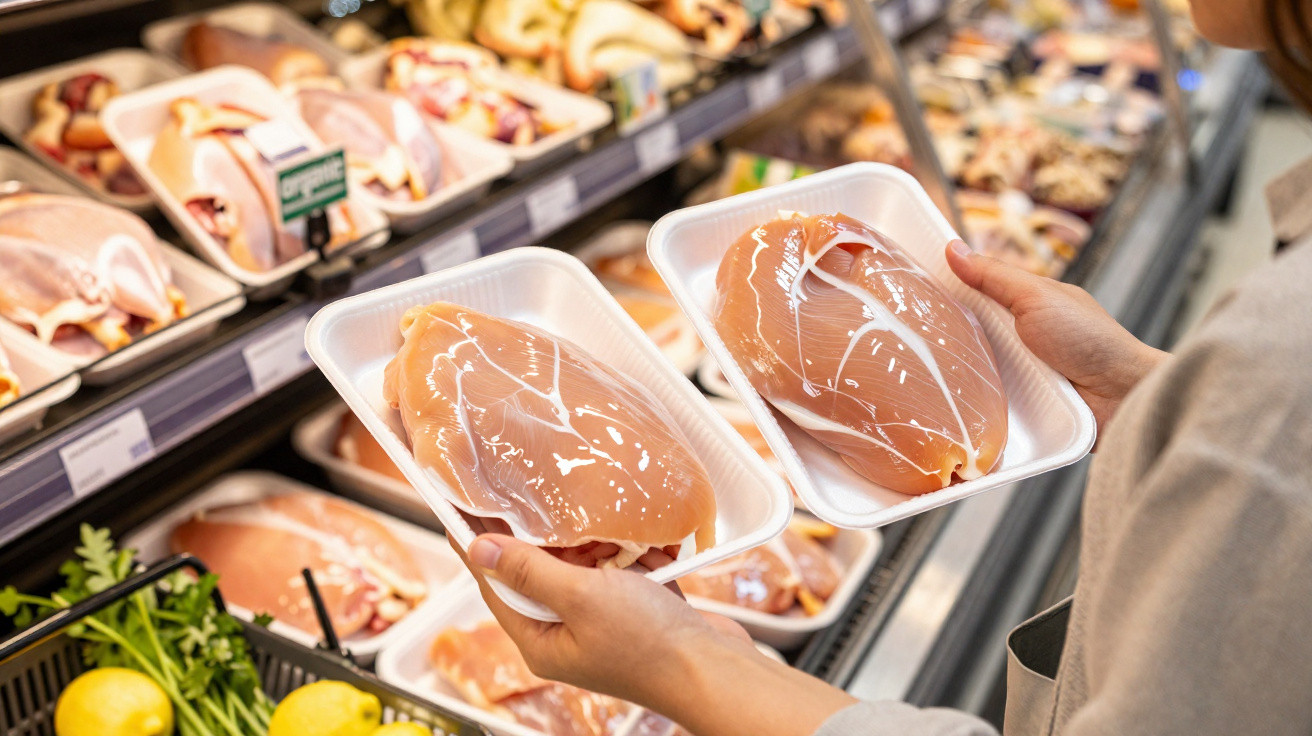 Person holding two packs of raw chicken breast fillets in a supermarket meat aisle.