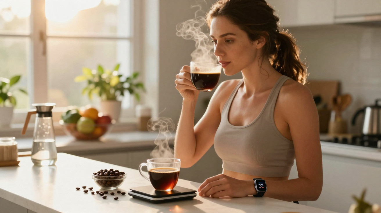 Woman in sportswear enjoys a steaming cup of coffee in a bright kitchen at sunrise.