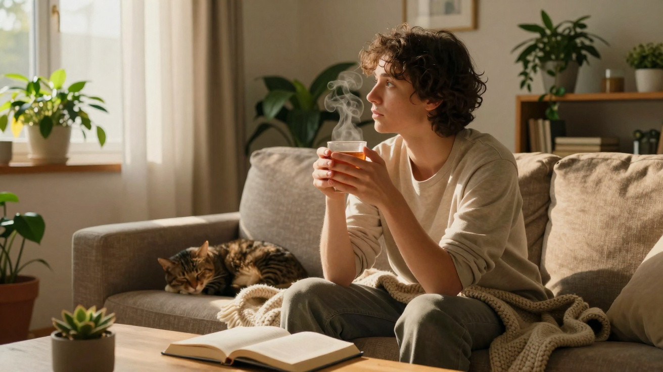 Person sitting on sofa holding steaming cup, looking out window, with cat sleeping beside them and open book nearby.