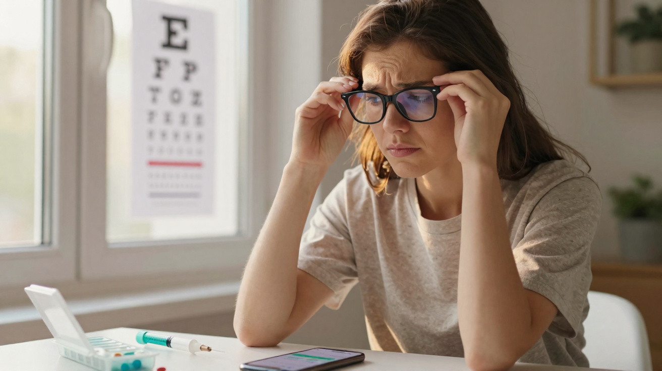 Young woman wearing glasses looking confused sitting at table with medication and eye chart in background