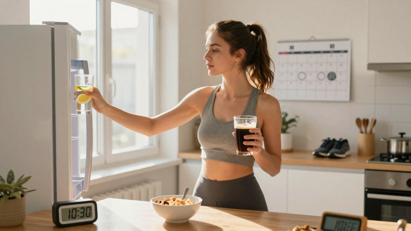 Young woman in workout clothes taking a glass of lemon water from the fridge while holding a dark drink in a bright kitchen.