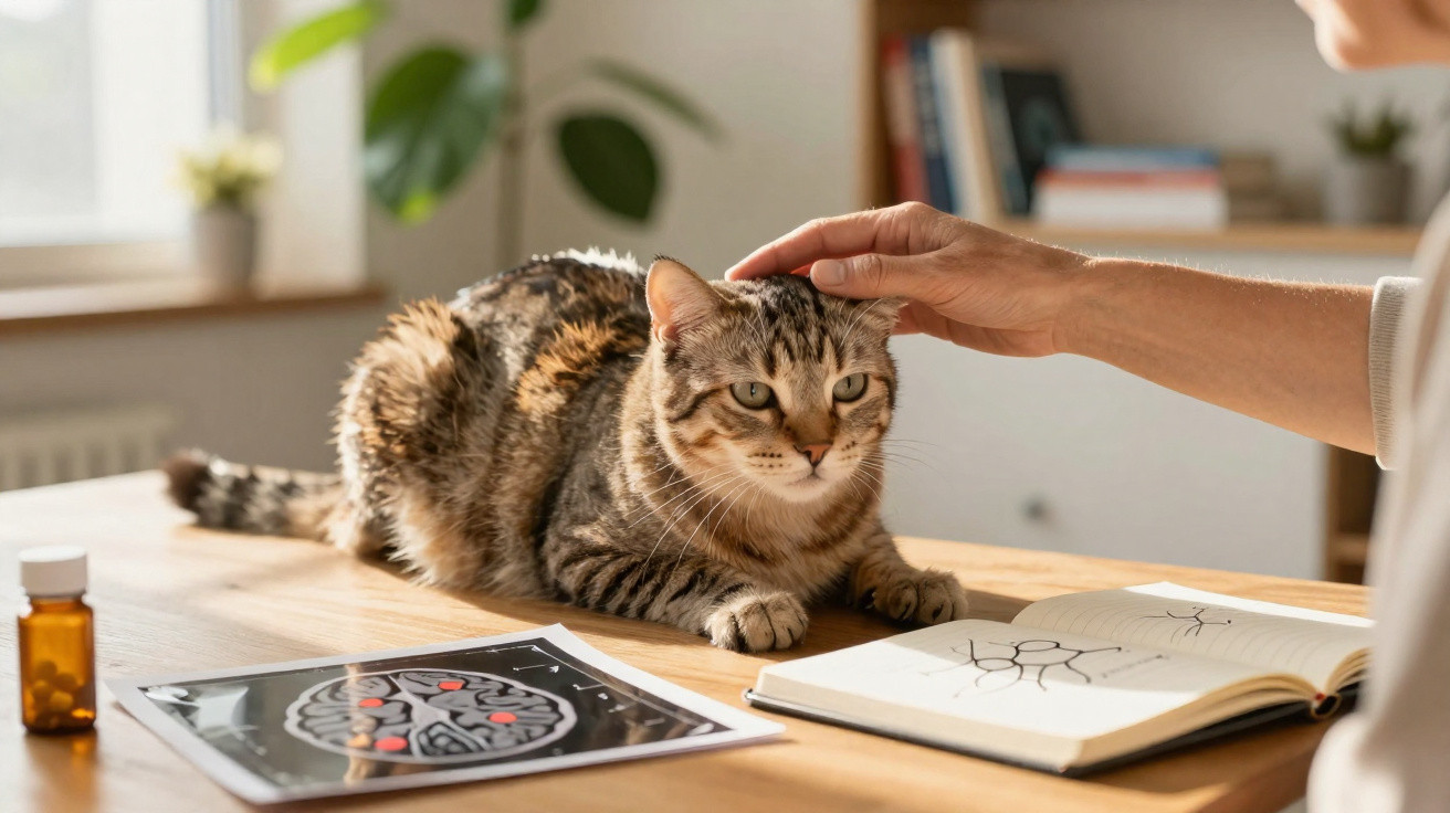 Person petting a tabby cat sitting on a wooden desk near brain scan images and an open book.