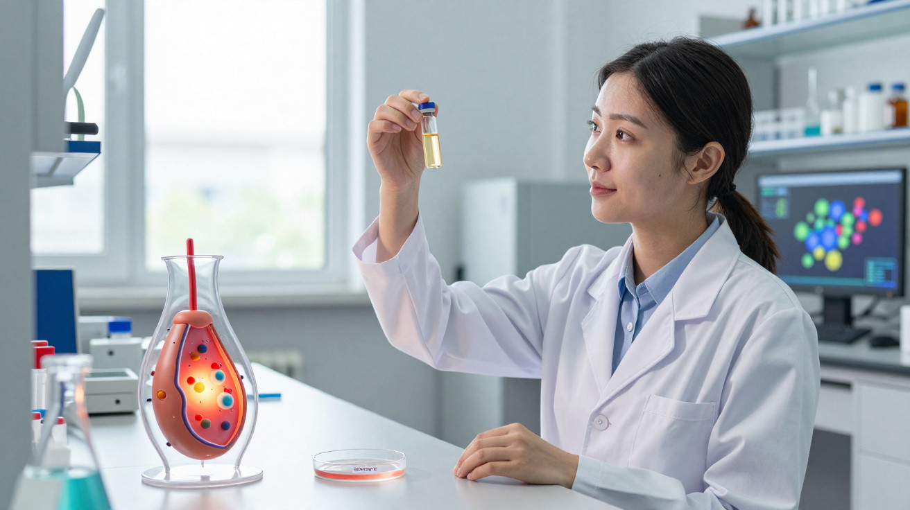 Scientist in a white lab coat examining a test tube with liquid in a modern laboratory.