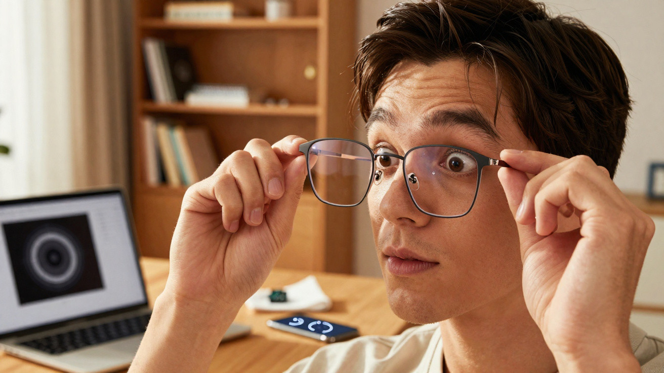 Young man putting on glasses with laptop and smartphone on desk in a home office.
