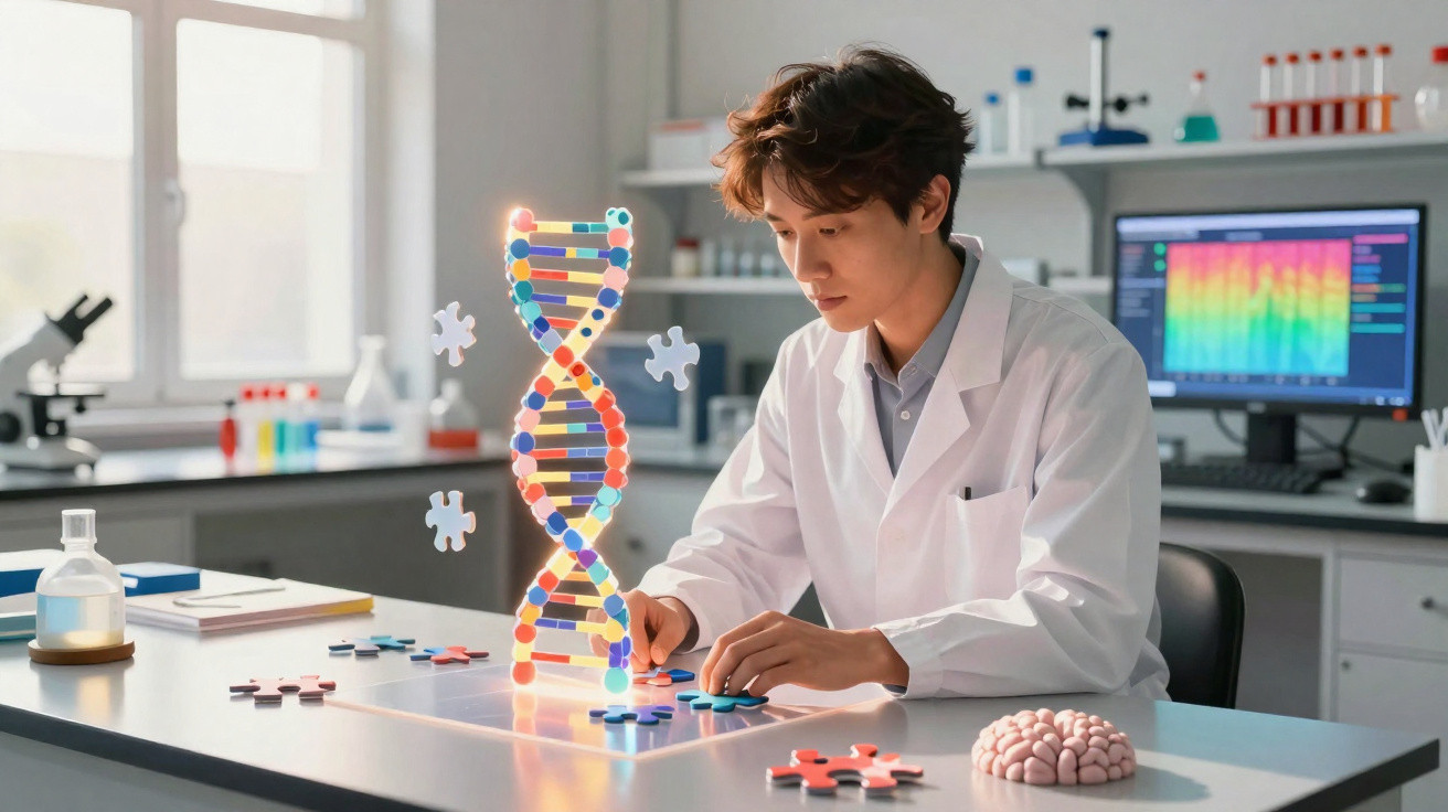 Scientist in a lab coat assembling a glowing DNA model puzzle on a table with a brain model and computer screen nearby.