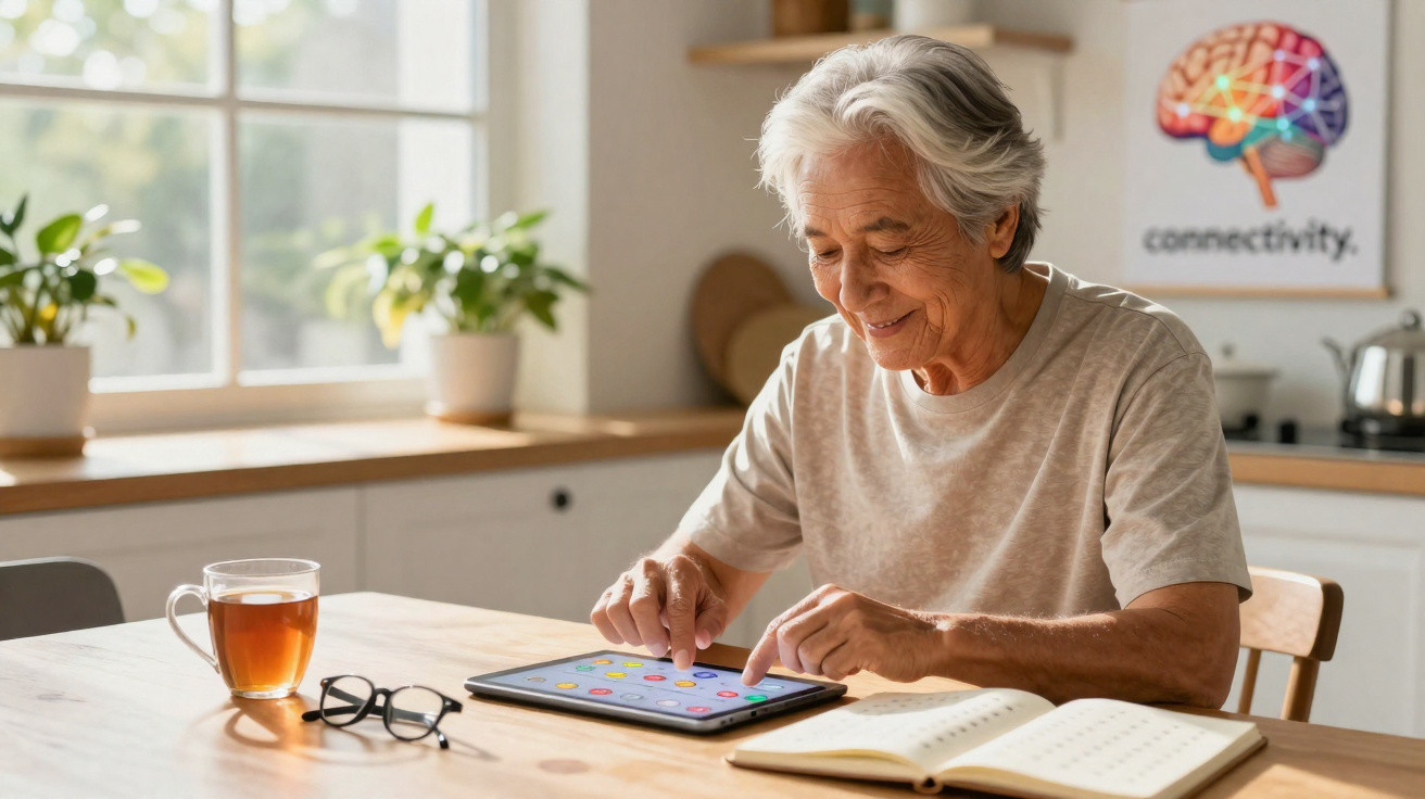 Elderly woman using a tablet at a kitchen table with a notebook, glasses, and a cup of tea nearby.