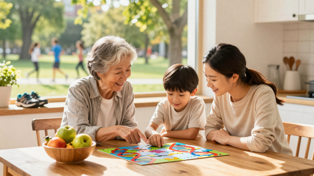 Three generations of family playing a colourful board game together at a sunny kitchen table.