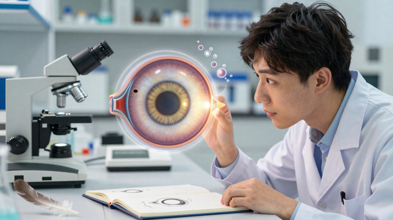 Scientist in lab coat examining a detailed enlarged model of a human eye with microscope and notebook.