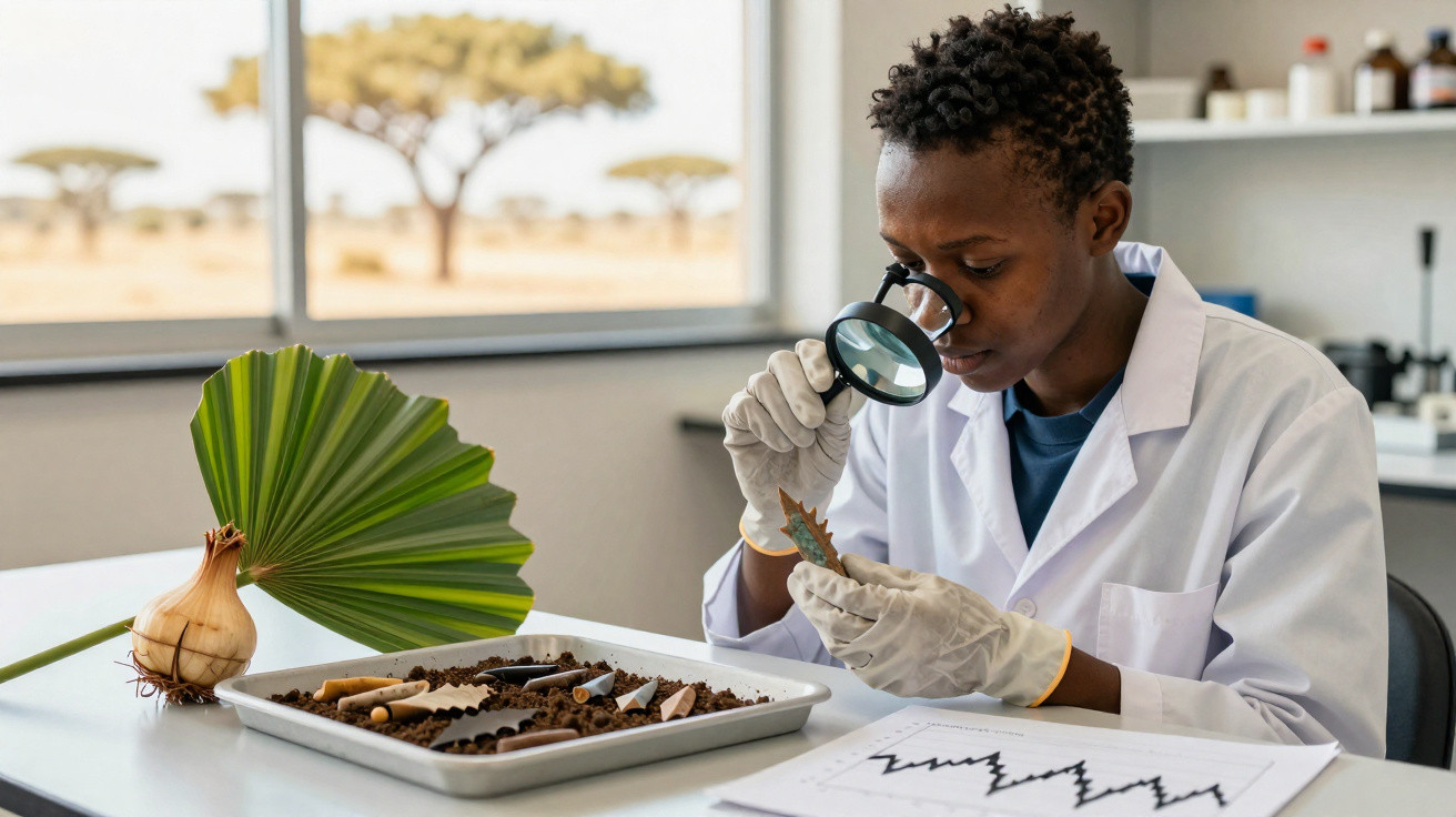 Scientist in white lab coat examining a leaf with a magnifying glass in a laboratory setting.