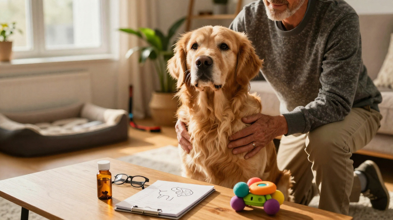 Golden retriever sitting calmly as an elderly man gently holds him in a cozy living room.
