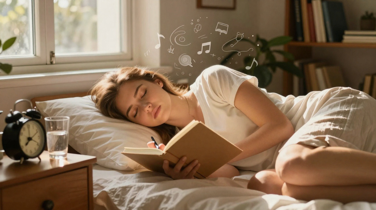 Woman sleeping in bed holding a book with music and dream icons floating above her head