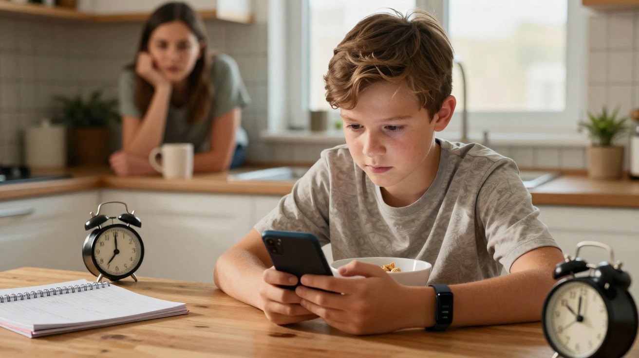 Boy using smartphone at kitchen table with cereal and notebooks, woman watching in background.