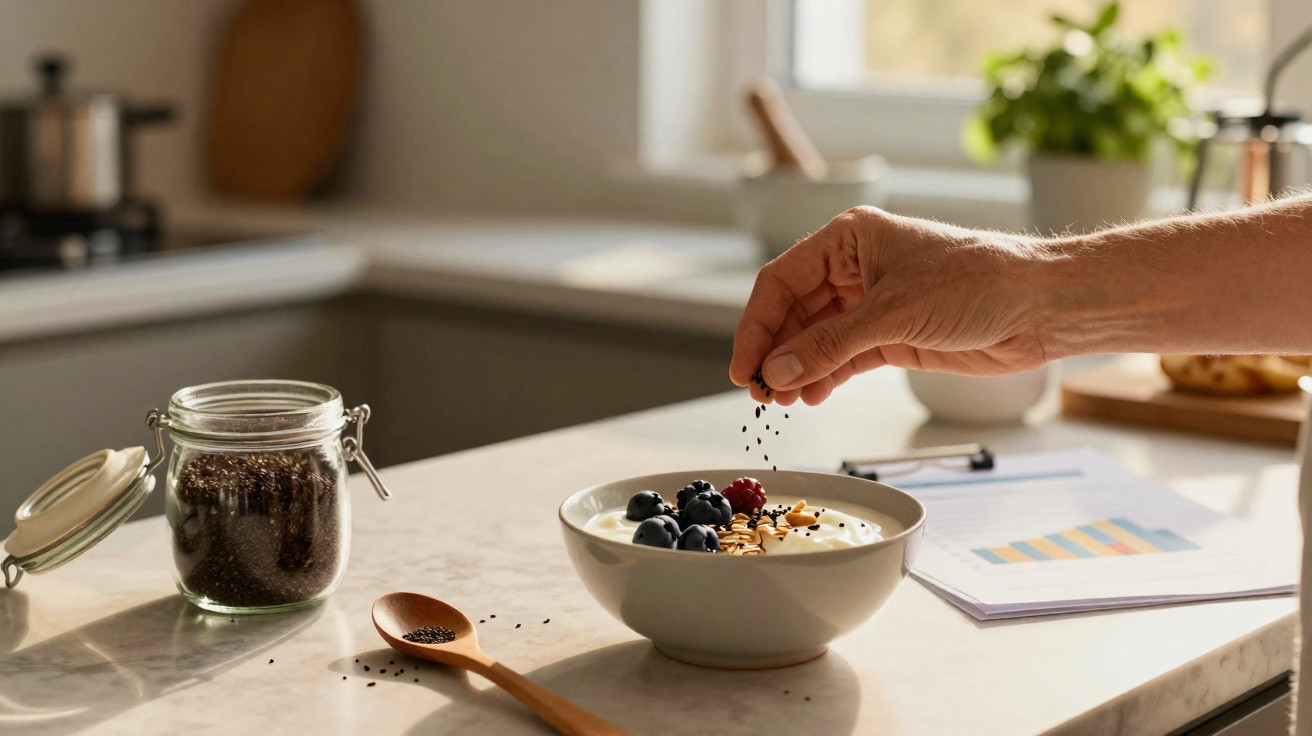 Hand sprinkling seeds onto a bowl of yoghurt topped with berries and granola on a kitchen counter.