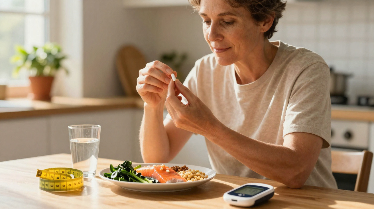 Middle-aged woman taking a pill with healthy food, a glucose monitor, and measuring tape on the table.