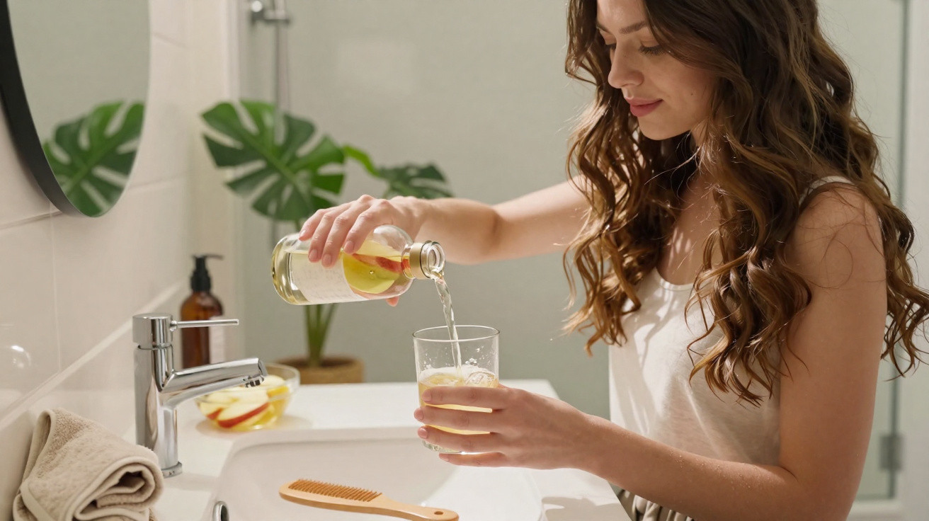 Woman with long curly hair pouring liquid from a bottle into a glass over a bathroom sink with plants in the background