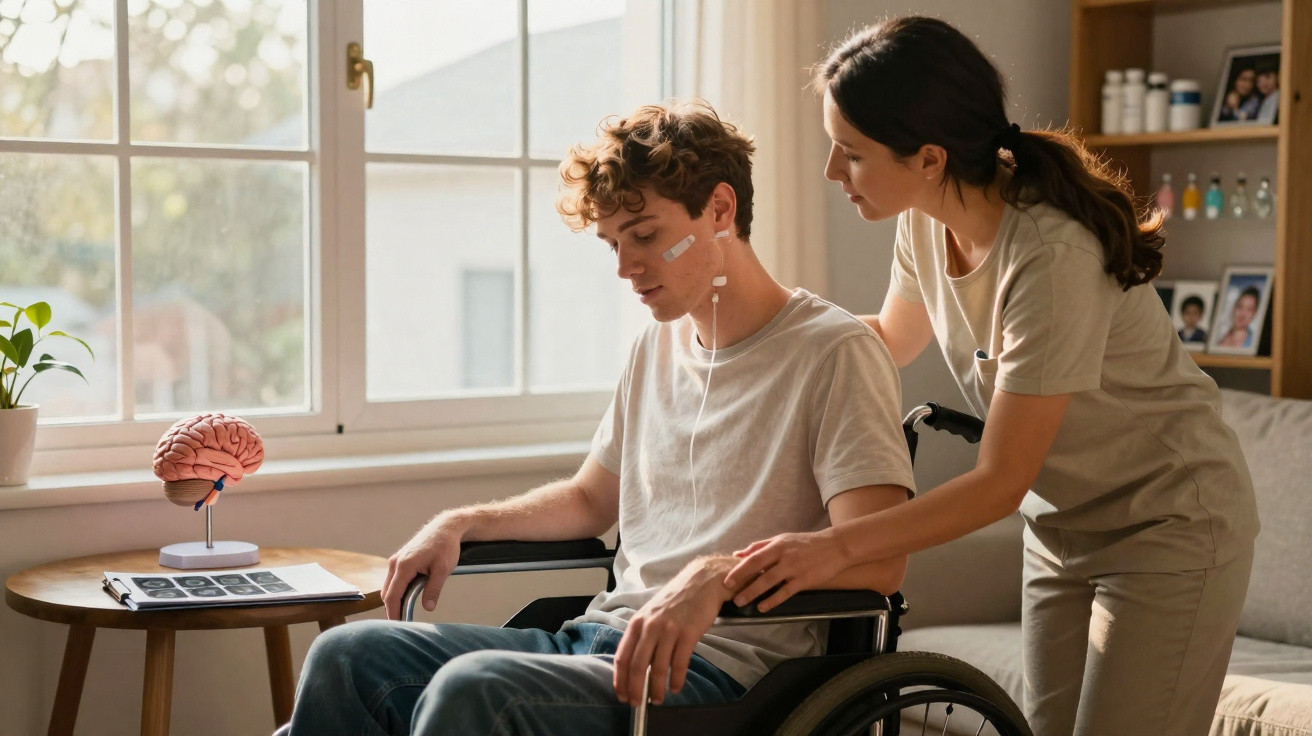 Young man in wheelchair with medical sensors supported by a woman in a bright room with brain model nearby.