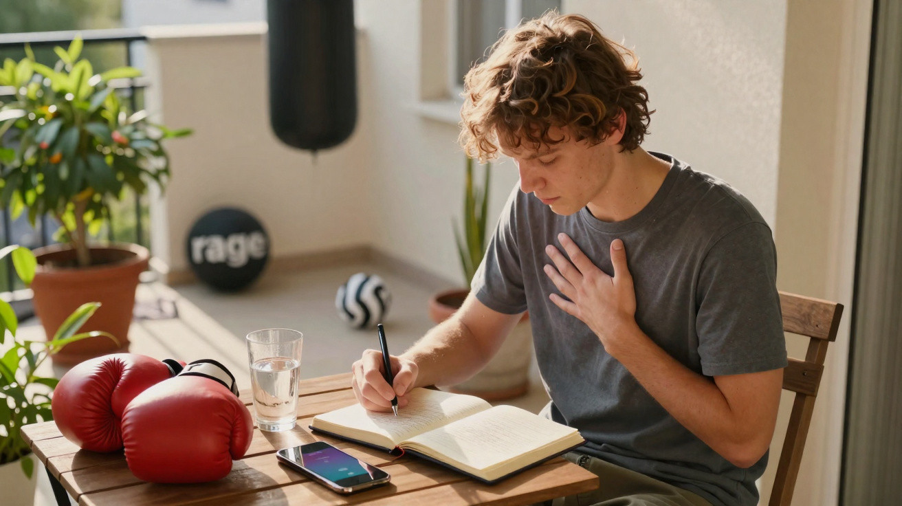 Young man with curly hair writing in a notebook on a balcony with boxing gloves and phone nearby.
