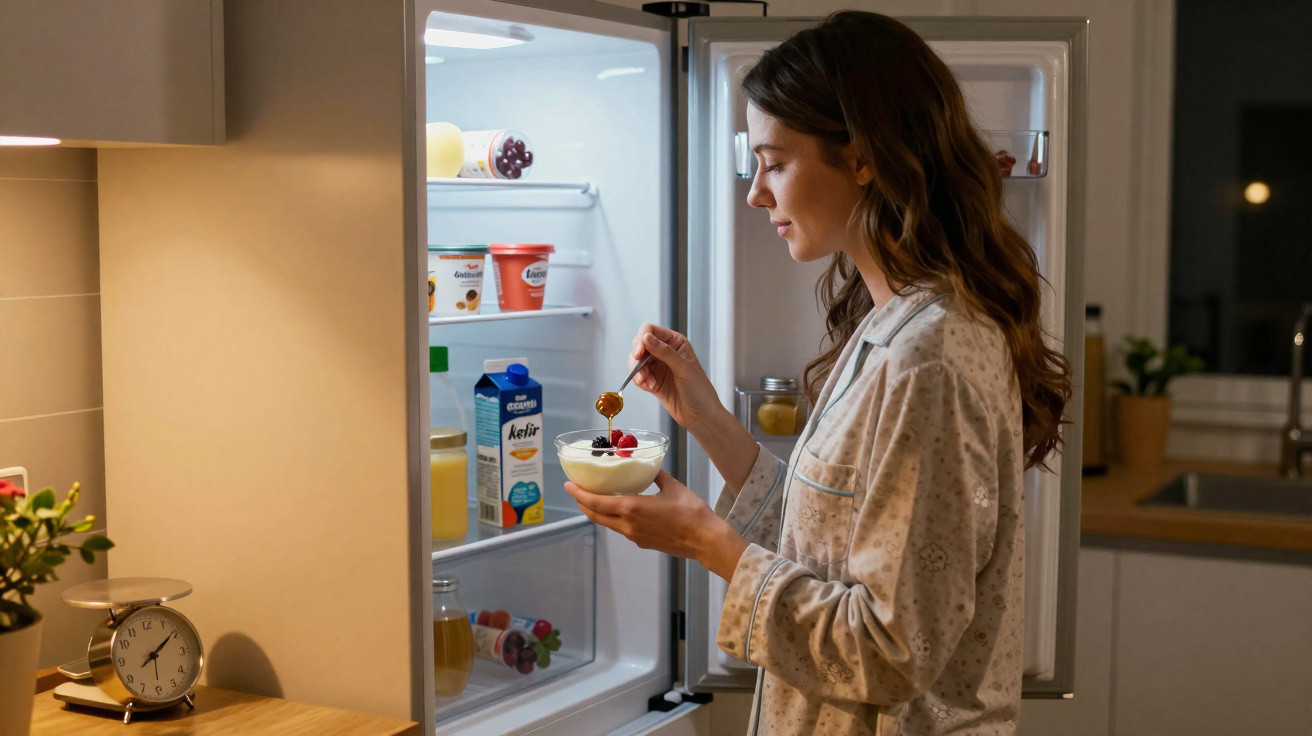 Woman in pajamas eating yogurt with berries in front of an open fridge at night in a kitchen.