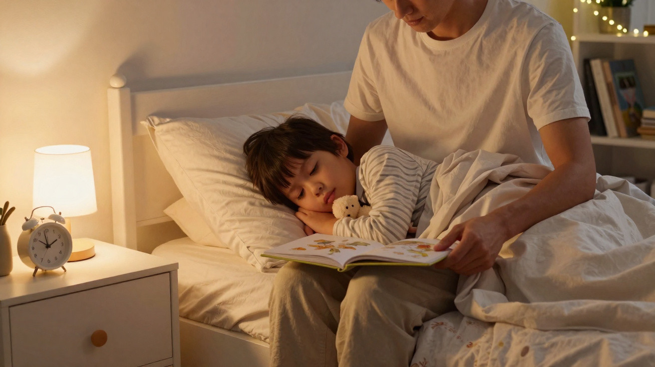 A child holding a teddy bear falls asleep while an adult reads a bedtime story in a softly lit bedroom.