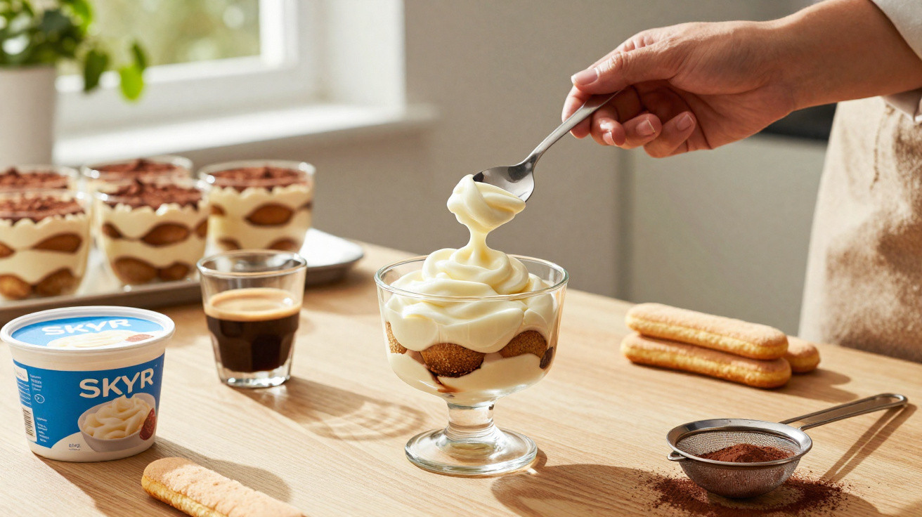 Hand holding spoon with creamy dessert over glass dish with layered tiramisu on wooden table.
