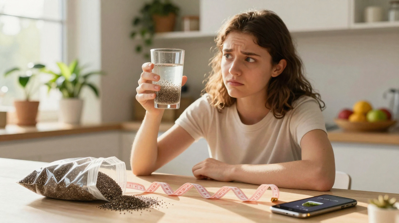 Young woman looking uncertainly at a glass of chia seeds soaked in water at a kitchen table