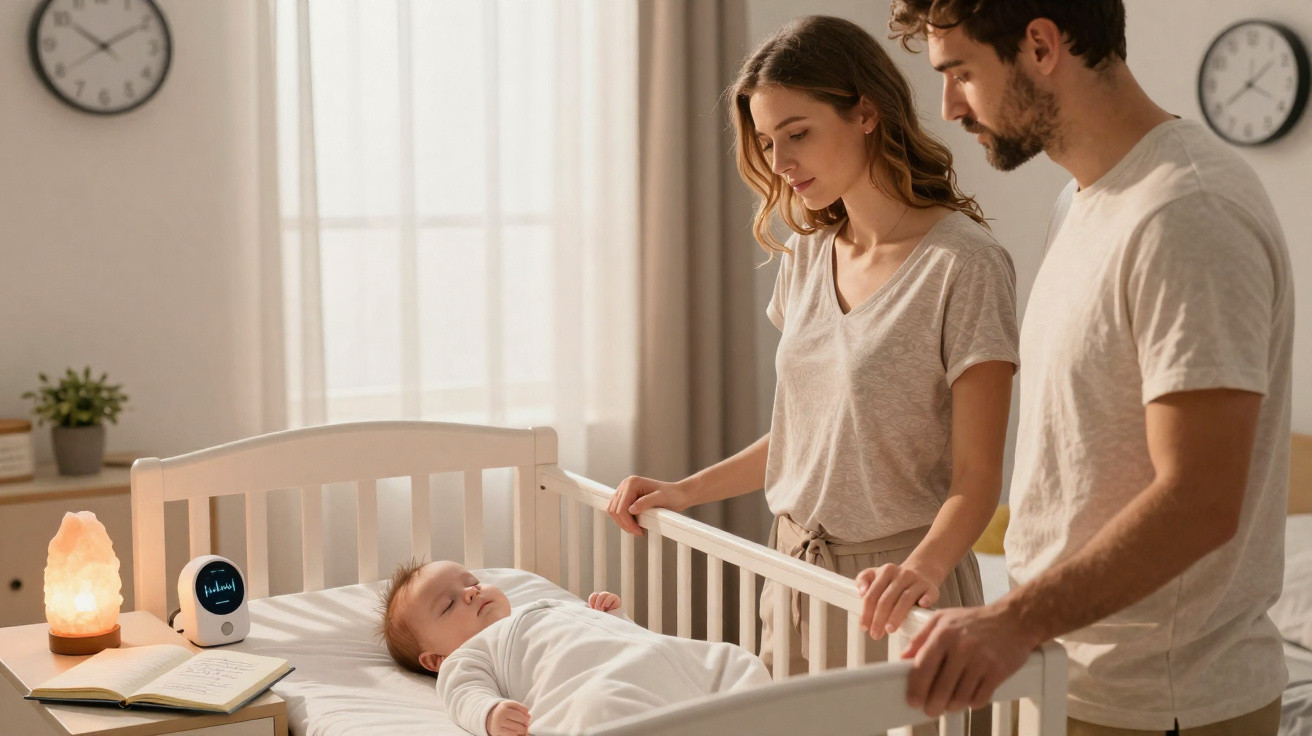 Parents looking at their sleeping baby in a white crib in a softly lit nursery room.