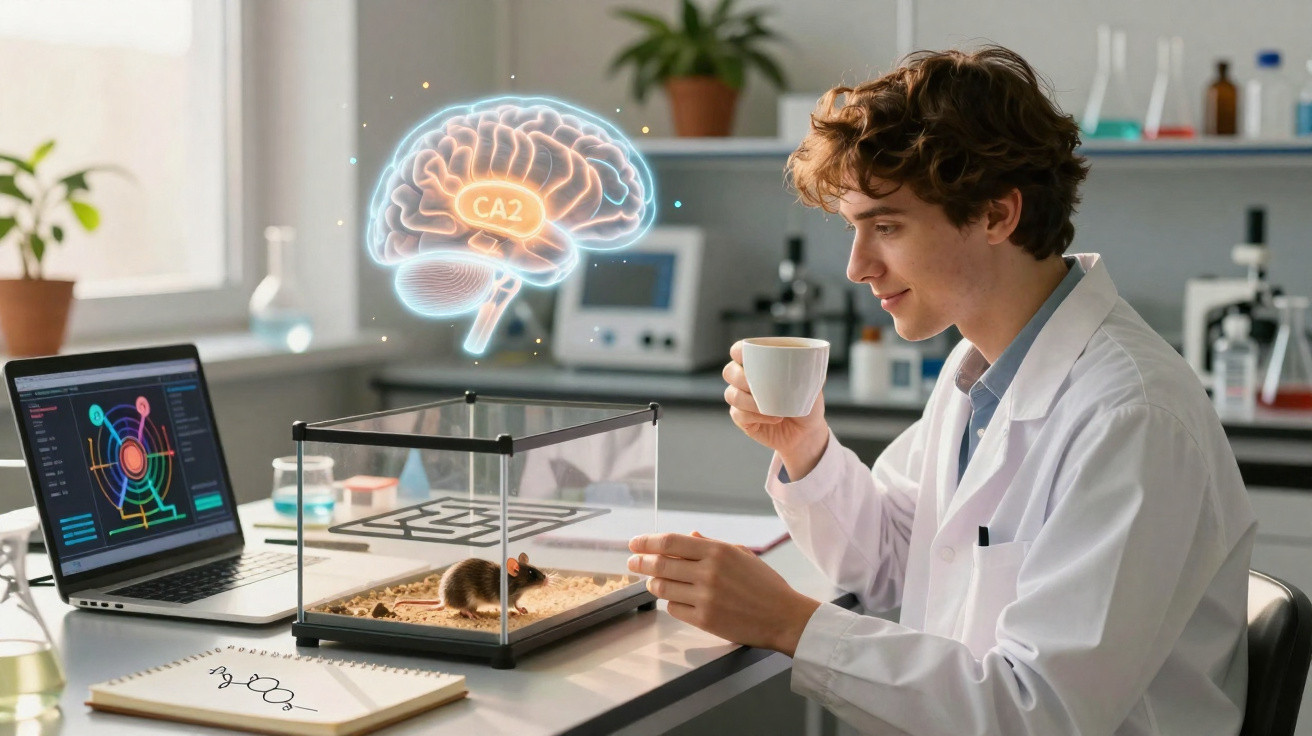 Scientist in lab coat studies mouse in cage with brain hologram and data on laptop in laboratory setting.