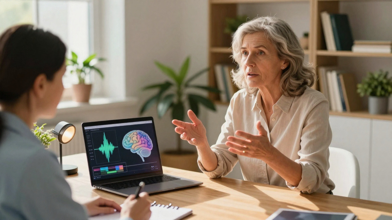 Older woman discussing brain health with a healthcare professional in a consultation setting.