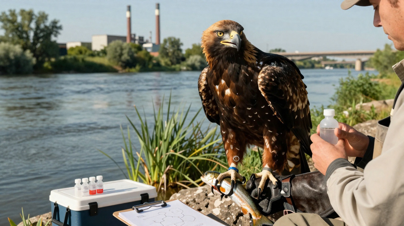 Golden eagle perched on a gloved hand beside a river with a fish, a person holding a small bottle nearby.