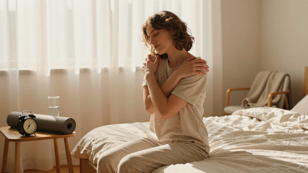 Woman in casual clothes sitting on a bed in a sunlit bedroom, hugging herself with closed eyes.