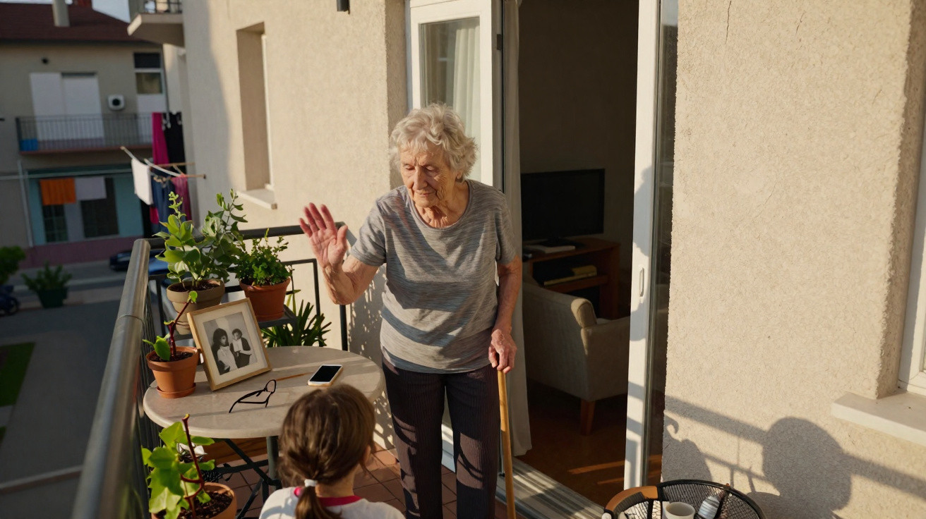 Elderly woman with walking stick waving at a child on a sunlit balcony with plants and a photo frame.