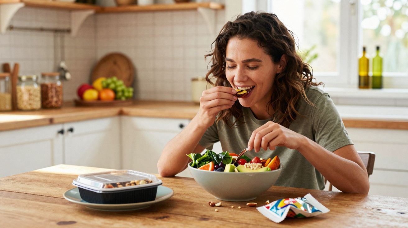 Woman in a green t-shirt eating a fresh vegetable salad at a wooden kitchen table.