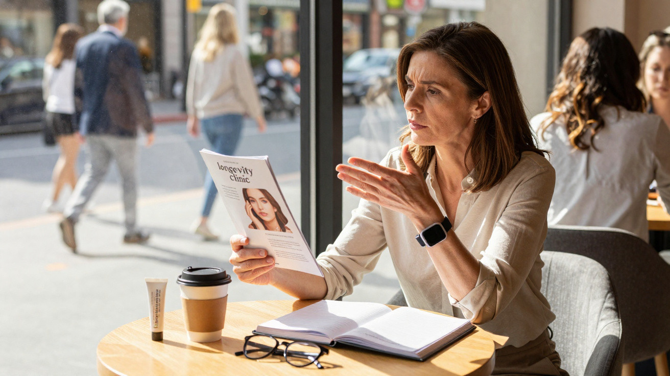 Woman sitting at a table in café reading a brochure titled "longevity clinic" with notebook and coffee cup nearby.