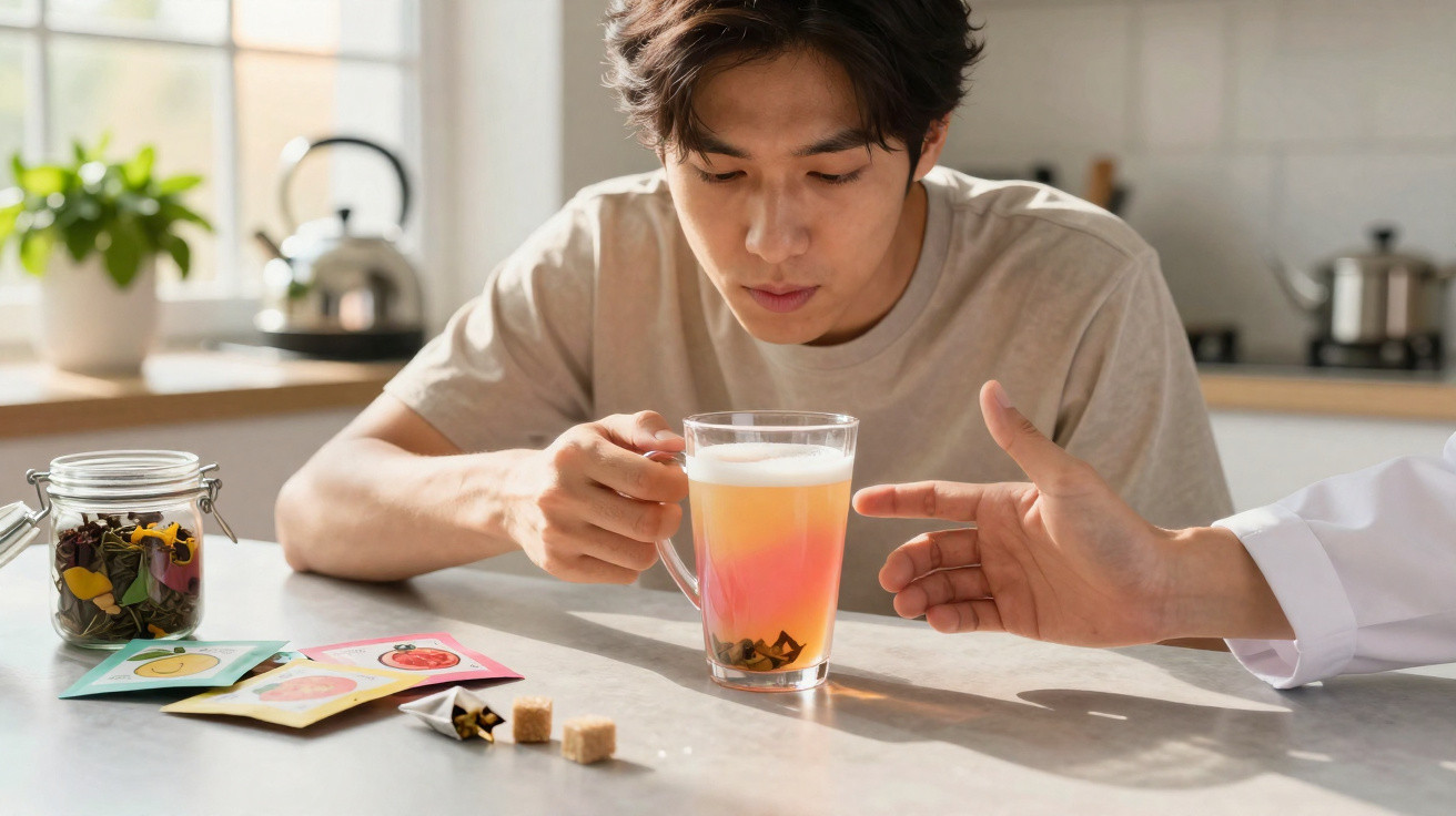 Young man smelling a colourful herbal tea in a glass mug at a kitchen table with tea ingredients.