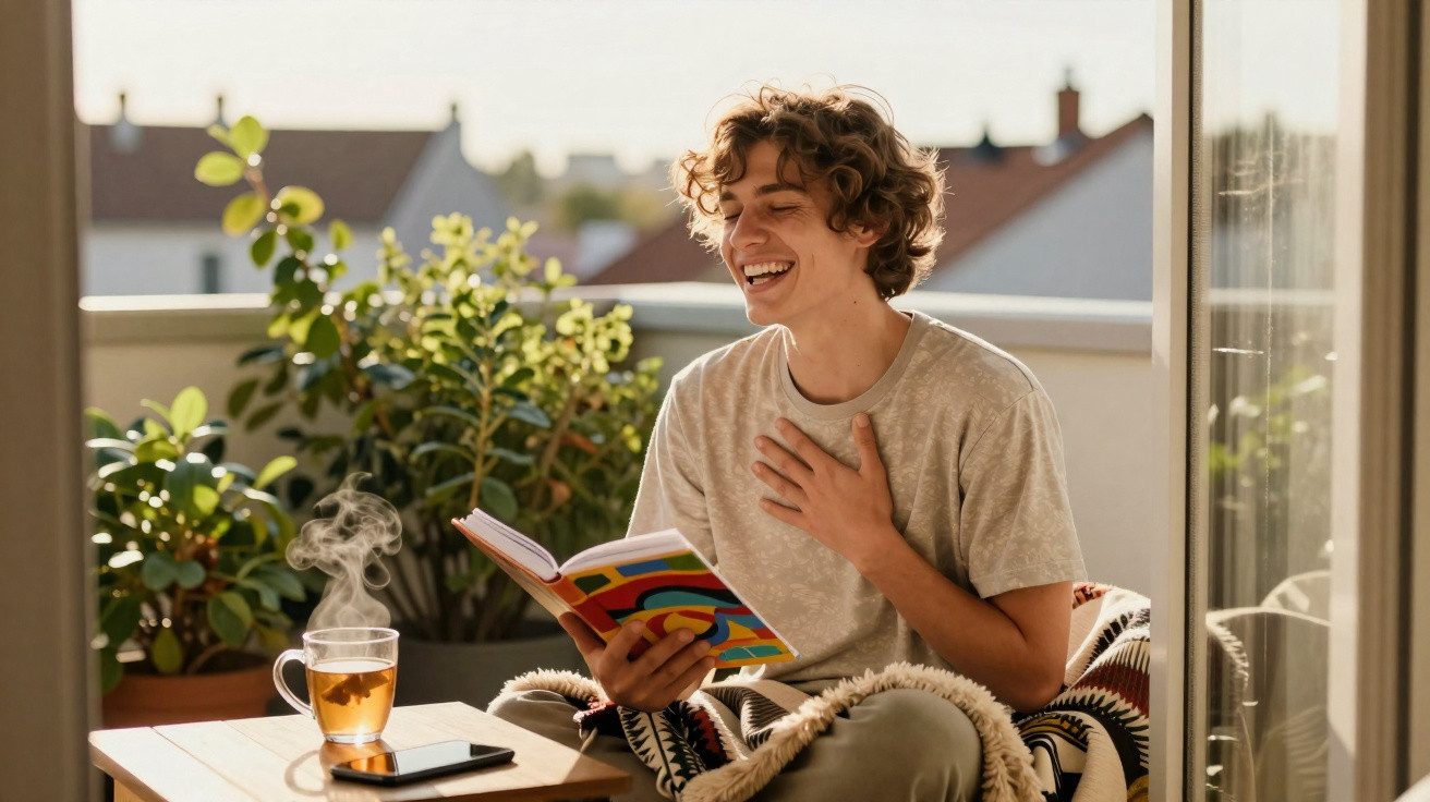Young person laughing and reading a colourful book on a balcony with a steaming cup of tea nearby.