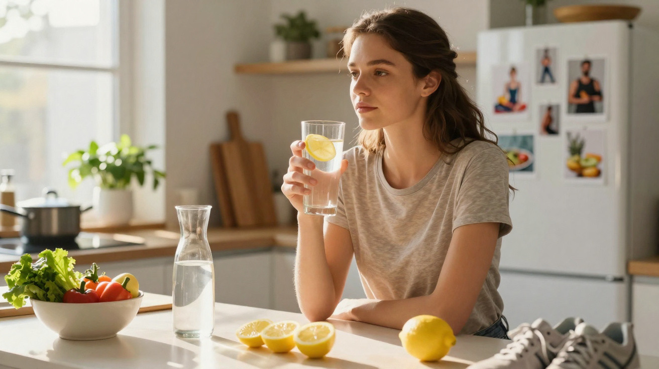 Young woman drinking lemon water in a bright kitchen with fresh vegetables and shoes on the counter.